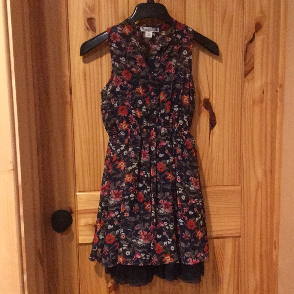 Knit works girls dress navy floral with lace trim